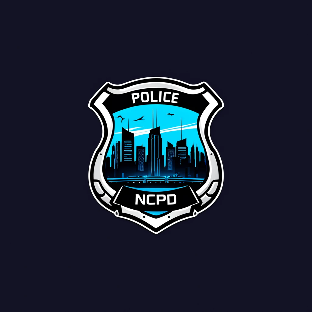 a police badge logo ,  vector, text "ncpd night city", cyberpunk,  <lora:logomkrdsxl:1>, best quality,