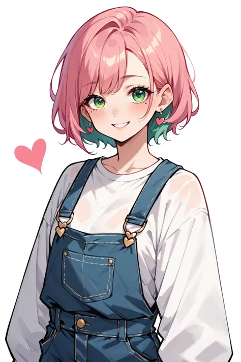 PonyXLV6_Scores , 1girl, blush, earrings, green eyes, green hair, heart, jewelry, long sleeves, looking at viewer, mole, mole under eye, overalls, pink hair, ring, shirt, short hair, simple background, smile, solo, upper body, white background, white shirt...