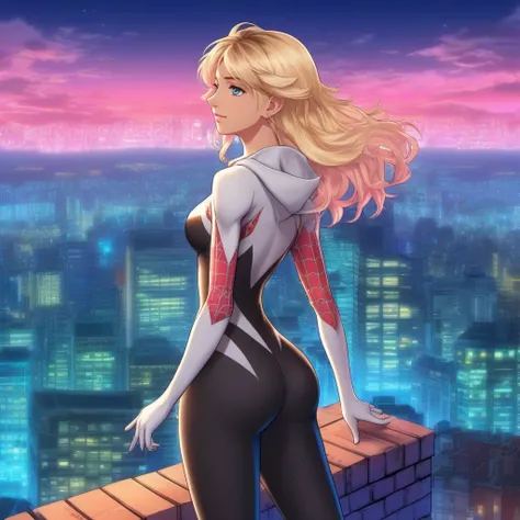 anime artwork a full body blond woman wears a bodysuit on top of a building, night, city lights background  <lora:SpiderGwen1024:0.8> . anime style, key visual, vibrant, studio anime,  highly detailed