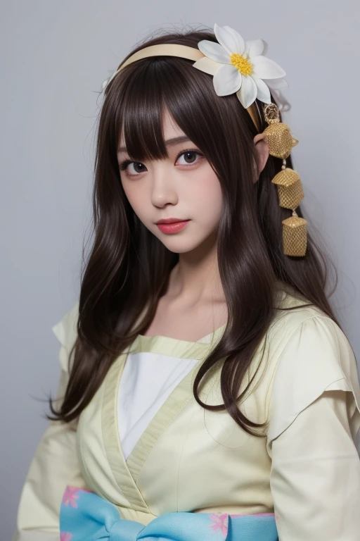 ltra-detailed,highly detailed,best quality,masterpiece,illustration,realistic,photorealistic,
ruru, 1girl, solo, cosplay, 
japanese clothes, long sleeves, dress, bow, ribbon, 
brown hair, long hair, hair ornament, bangs, hair flower, hairband, hair bow, ha...