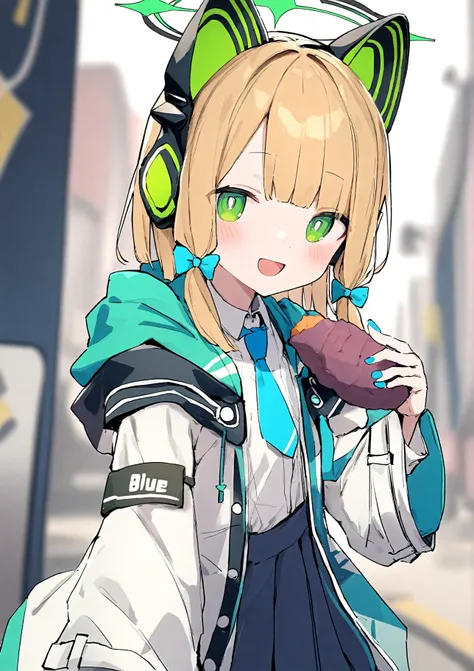 1girl,
midori (blue archive), blue archive,
aiamu iamu,
holding food, holding, hooded jacket, food, sidelocks, :d, collared shirt, blurry, long sleeves, puffy sleeves, headphones, blue bow, hand up, necktie, upper body, halo, looking at viewer, jacket, sle...