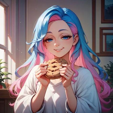 score_9, score_8_up, score_7_up, 1girl, Sofiaa, 1girl, multicolored hair,  long hair, blue eyes, half closed eyes, oversized shirt, light smile, eating cookies, indoors, background, upper body  <lora:Sofiaa (1):0.9>