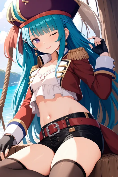 (masterpiece, best quality, very aesthetic, ultra detailed), intricate details, highly detailed background, perfect lightingbest quality, chiyouraayame, solo, outdoors, watercraft, pirate, pirate hat, aqua hair, blunt bangs, hairclip, x hair ornament, very...