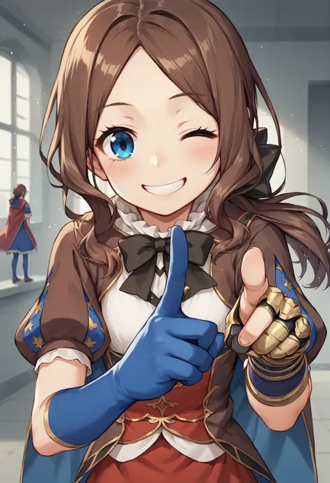 1girl, blue eyes, long hair, brown hair, sidelocks, low ponytail, ribbon, dress, white shirt, puffy sleeves, short sleeves, red skirt, cape, blue pantyhose, elbow gloves, single gauntlet, shoe, estanding, looking at viewer, pointing at viewer, smile, indoo...