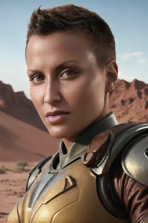 professonial photoshooting, highres, 4k, ((Fallout)), <lora:Veronica_Vanoza:0.85> Veronice Vanoza as a female raider, very short hair, brown eyes, armor, desert wasteland, cinematic lighting, bokeh, close-up portrait