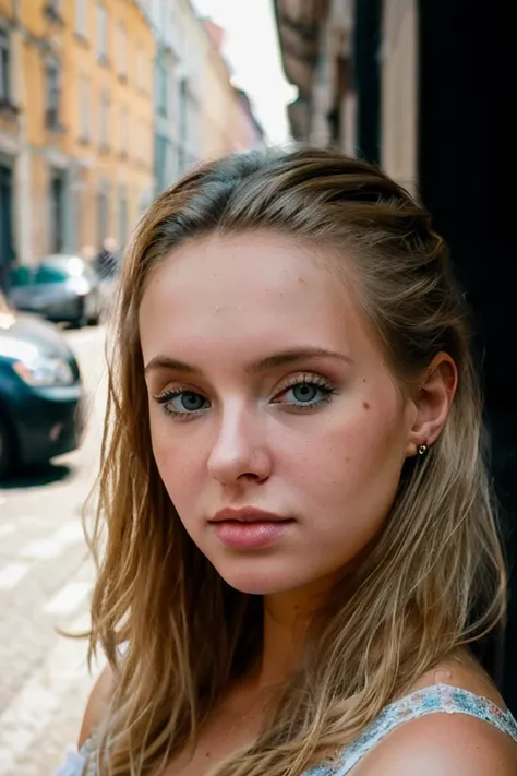 <lora:Koika:0.8>, full color portrait of a young woman, in a crowded russian street, natural light, RAW photo, subject, 8k uhd, dslr, soft lighting, high quality, film grain, Fujifilm XT3