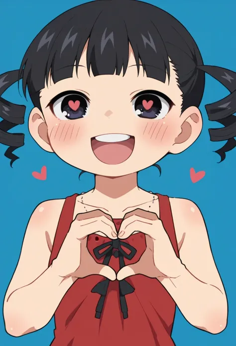 score_9, score_8_up, score_8, source_anime, 1girl, chibi, <lora:MikuSugisaki:0.8> solo, black hair, twintails, twin drills, short hair, black eyes, blush, red dress, happy, laugh, upper body, heart pupils, heart hands, 
blue background, simple background,