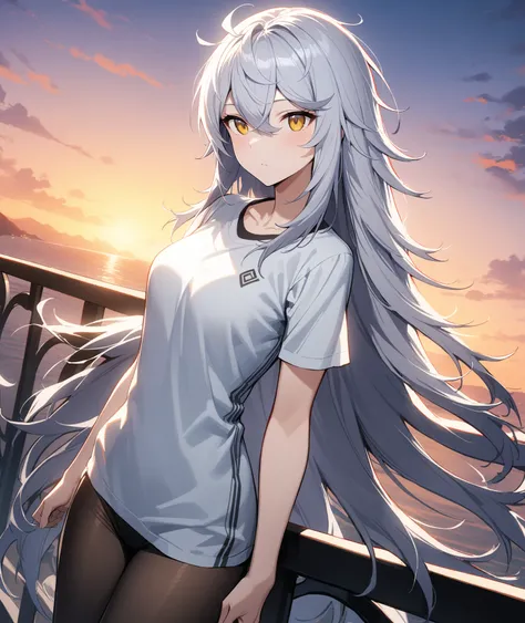 1girl, gaeun (counter:side),  counter:side, 
solo, cinematic angle, 
yellow eyes, white hair, very long hair, messy hair, hair between eyes,  
white shirt, t-shirt,  black pantyhose, railing, sunset, ocean, leaning, 
masterpiece, best quality, very aesthet...