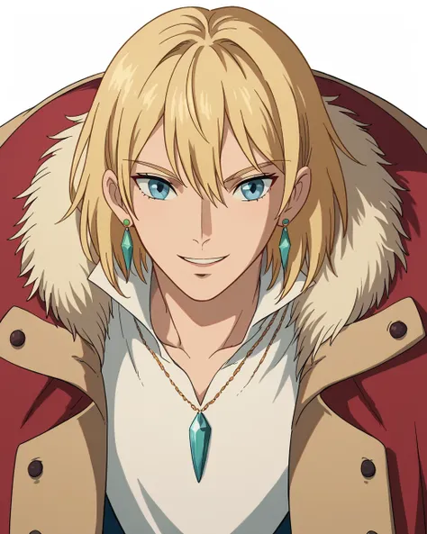 score_9, score_8_up, score_7_up, source_anime, anime coloring, zPDXL, Ghiblistyle, howl (howl no ugoku shiro), 1boy, bangs, blonde hair, blouse, blue eyes, coat, green crystal earrings, earrings, hair between eyes, jewelry, long sleeves, looking at viewer,...