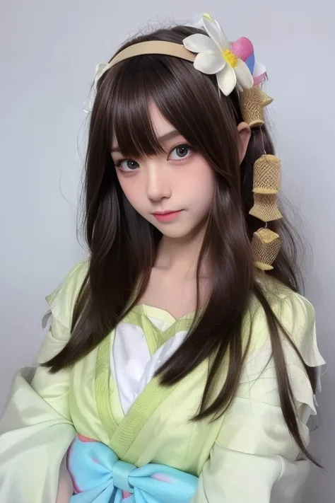 ltra-detailed,highly detailed,best quality,masterpiece,illustration,realistic,photorealistic,
ruru, 1girl, solo, cosplay, 
japanese clothes, long sleeves, dress, bow, ribbon, 
brown hair, long hair, hair ornament, bangs, hair flower, hairband, hair bow, ha...