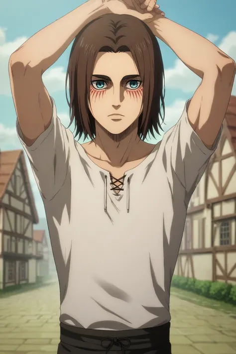 score_9, score_8_up, score_7_up, source_anime, rating_safe, , semi-realistic, looking at viewer, , 1boy, solo, male focus, <lora:eren_yeager_s4_pony:0.82>, eren_yeager_s4, brown hair, blue eyes, medium hair, facial mark, symmetry, town, suburbs, light, arm...