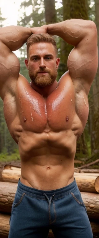 27yo blonde male, big bearded, wood chopper (bodybuilder, flexing, arms behind head), pile of wood, logs everywhere looking at viewer,  wearing lumber jeans and open shirt, spurs, boots, axe, (sweaty, wet), cleft chin, chiselled face, big square jawline, f...