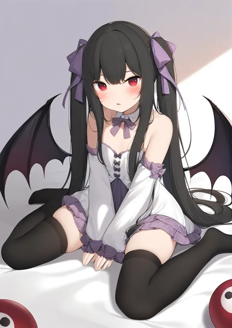 1girl, 
amashiro natsuki, 
looking at viewer, long sleeves, ribbon, red eyes, sitting, wings, purple ribbon, very long hair, solo, hand between legs, dress, character doll, hair bow, wariza, long hair, frilled bow, eyeball, black thighhighs, parted lips, b...