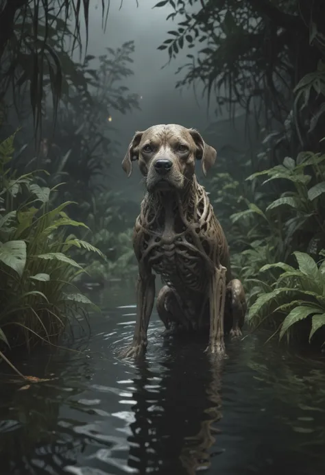 nature shot with wide shot of a dark jungle scene,an skeleton of a tired old dog in water between the bushes,(high mist),midnight,dark lit,intense gaze,tension,perfect composition,masterpiece,best quality,Outdoors,greenery,natural light,fresh,vivid contras...