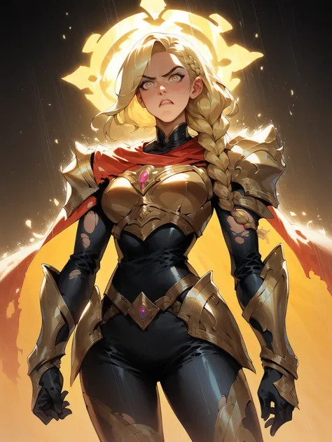 score_8_up, score_7_up, cowboy shot of paladin lady, ornate golden armor, white breastplate, black corset, golden ornate pauldrons, blonde hair, braid, torn red cape, glowing yellow eyes, glowing halo, angry, night, rain, golden holy aura glow, particles, ...