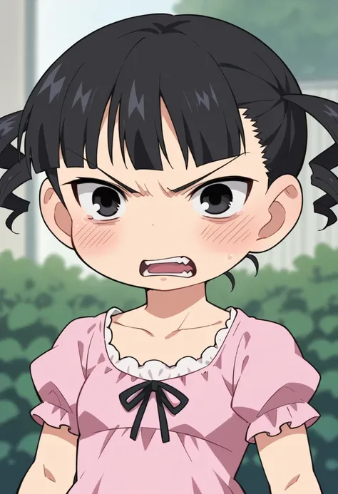 score_9, score_8_up, score_8, source_anime, 1girl, chibi, <lora:MikuSugisaki:0.8> solo, black hair, twintails, twin drills, short hair, black eyes, blush, pink dress, angry, teeth, mouth open, upper body, 
garden background, blurry background,