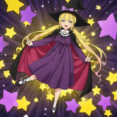 sara, 1girl, solo, looking at viewer, smile, open mouth, witch dress, mant, bow, full body, star (symbol), v, witch hat, shoes, low twintails, perfect hands,master piece,best quality, <lora:SDXL_sara_HenjinnoSaladBowl_v3_animazine3:1>