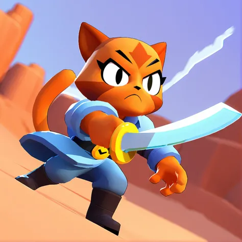 score_9, score_8_up, score_7_up, score_6_up, score_5_up, score_4_up BREAK orange cat, warrior, Persian, holding sword in right hand, dynamic pose, dynamic angle, cute, desert,  brawl, rating_questionable, source_furry
 <lora:brawl_style_1_2_R:0.85>