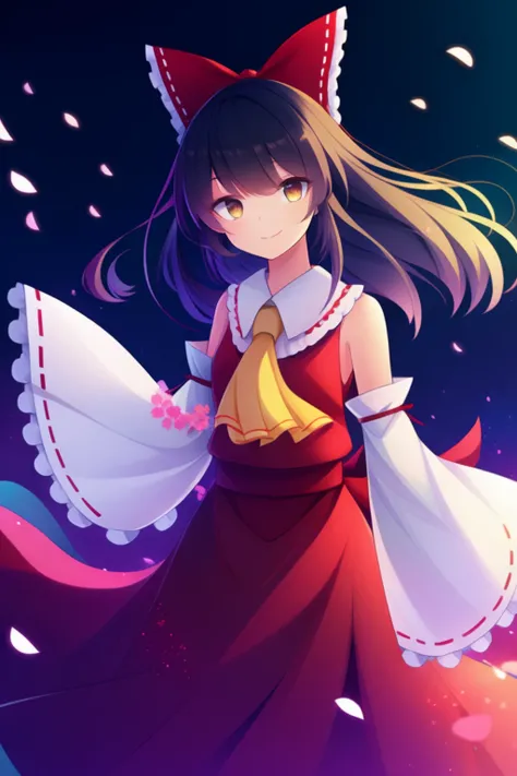 1girl, solo, straight hair, looking at viewer, light smile, flowers, petals, wind, very aesthetic, best quality, newest, hakurei reimu, bare shoulders, detached sleeves, yellow ascot,