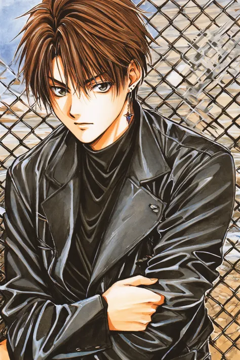 1boy,solo,male focus,chain-link fence,fence,jacket,jewelry,brown hair,earrings,upper body,shirt,looking at viewer,black jacket,traditional media,<lora:Yuki Kaori_XL:0.8>,