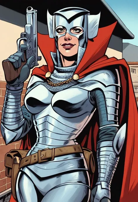 Score_9_up, score_8_up, score_7_up, 1girl,  solo, iron_maiden, Helmet, armor, red cape, standing proudly on a rooftop, holding a gun, dazzling smile