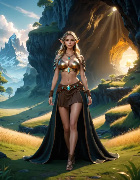 from behind, shiny skin, mysterious, fantasy (very cute, shaman wearing brown armored bra and long skirt with black details traveling on the grassland in magical cave, emitting magic cute pose, necklace, jewelry), mountains in the distance, 25 year old gir...