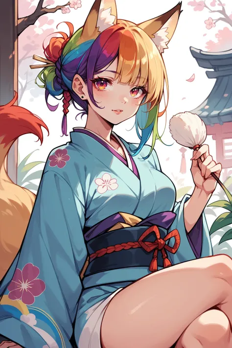 PonyXLV6_Scores , fox girl, kimono, rainbow hair, sexy, kawaii, source_anime