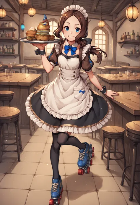 1girl, blue eyes, long hair, brown hair, forehead, sidelocks, low ponytail, ribbon, puffy sleeves, short sleeves, wrist cuffs, maid, apron, maid headdress, black Thighhighs, holding tray, roller skates, smile, indoors, tavern <lora:Vinci_XL:1>, score_9, sc...