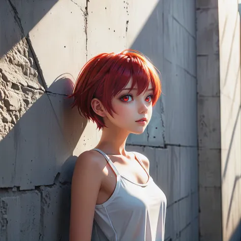 1 beautiful girl, details red eyes, short red hair, cool pose, concrete wall, slim body, small breasts, rays of sunshine, photorealisim, cinematic, (masterpiece:1.2), (best quality:1.2), newest, ai-generated, ultra-detailed, best shadow, detailed backgroun...