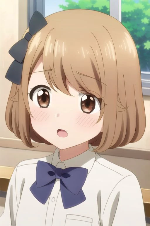 tsumugi tsutsumi, brown hair, short hair, brown eyes, 1girl, bow, solo, black bow, shirt, open mouth, white shirt, bowtie, hair bow, school uniform, blush, blue bow