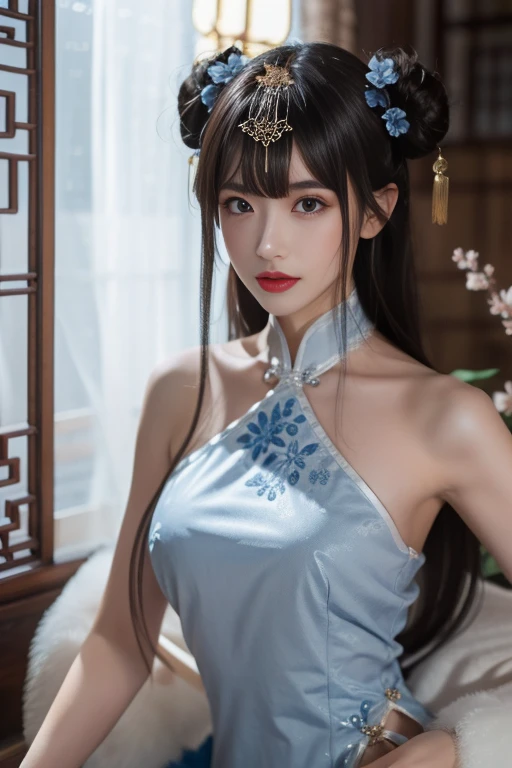 ltra-detailed,highly detailed,best quality,masterpiece,illustration,realistic,photorealistic,
noshiro,dxq, 
1girl, solo, official alternate costume, 
china dress, chinese clothes, sleeveless dress, bare shoulders, pelvic curtain, 
hair ornament, long hair,...