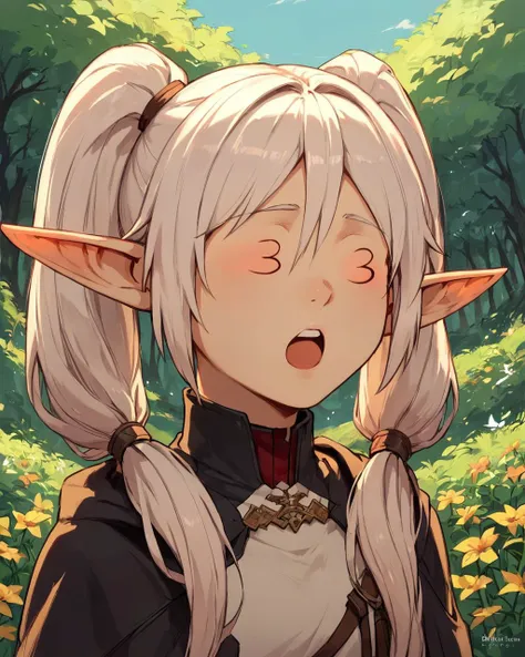 <lora:33:0.8> 3_3, 1girl, white hair, hair, outdoors, frieren, closed eyes, open mouth, pointy ears, twintails,, score_9, score_8_up, score_7_up, score_6_up, score_5_up, score_4_up, ponypositive,