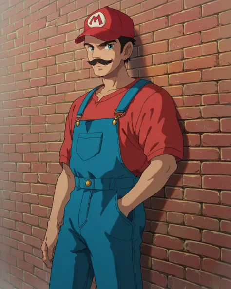 score_9, score_8_up, score_7_up, source_anime, anime coloring, zPDXL, Ghiblistyle, 1boy,solo, super mario, red shirt, blue overalls, short stature, mustache, brick background<lora:Ghibli_style_PDXL:1>