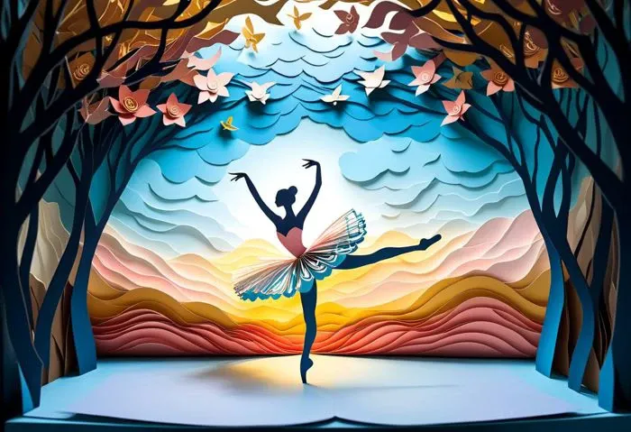 Imagine a three-dimensional image that combines the beauty of ballet with the creativity of paper cutouts, inspired by the art of Jinzhi and the imagination of Van Gogh. The image should have multiple layers to achieve an artistic and surreal effect of a c...