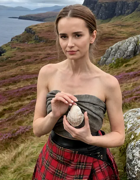 On the rugged shores of the Isle of Skye in Scotland, Sofia stood, resplendent in her tartan ensembleâa kilt adorned with golden threads and red stitching against a backdrop of heather and mossy terrainâunder the shadow of ancient cliffs that whispered...