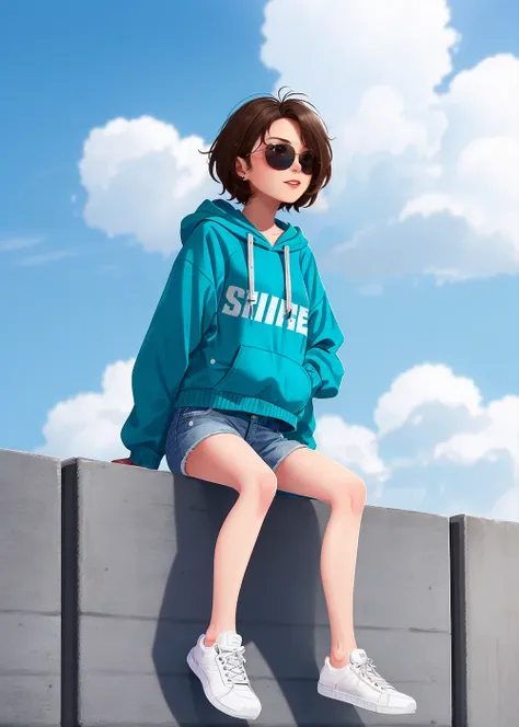 1 girl, short hair, sitting, 1 pair of sunglasses, hoodie, colored hoodie, denim shorts, sneakers, skateboard, Human focus, outdoor, blue sky, White clouds, graffiti wall, flat, solo, <lora:Euro American animationa:0.7>