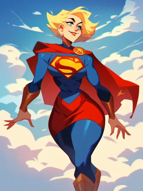 score_8_up, score_7_up, 1girl, supergirl flyng in sky, red skirt, cape, long blonde hair, wide hips, clouds, skyscrapers, <lora:sxz-dreelrayk-smol-pdxl:0.8> dreelrayk style, halftone texture, chromatic aberration