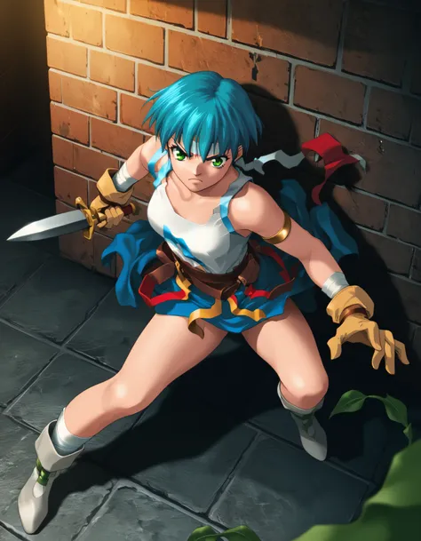 score_9,  score_8_up, score_7_up <lora:epo-ponyxl-000040:1> wwepo, blue hair, green eyes, (headband:0.5), fashion,
battle, brick wall, dungeon, fighting stance, from above, holding weapon, legs apart, two-handed, vines, window