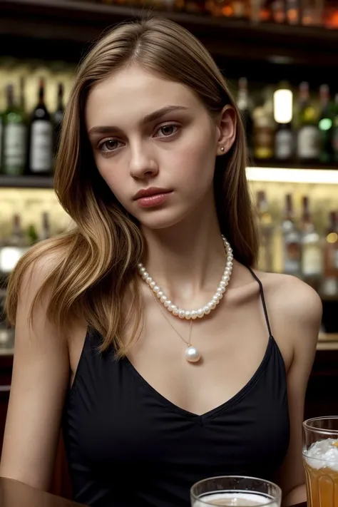 <lora:kawaii7.1.3_obj20:0.75:0.25>, European woman, closeup, (shirt), pants, (at a bar), pearl necklace , ZM_fien, wide shoulders, perfect face, (contact iris: 1.1), pale skin, skin pores , depth of field