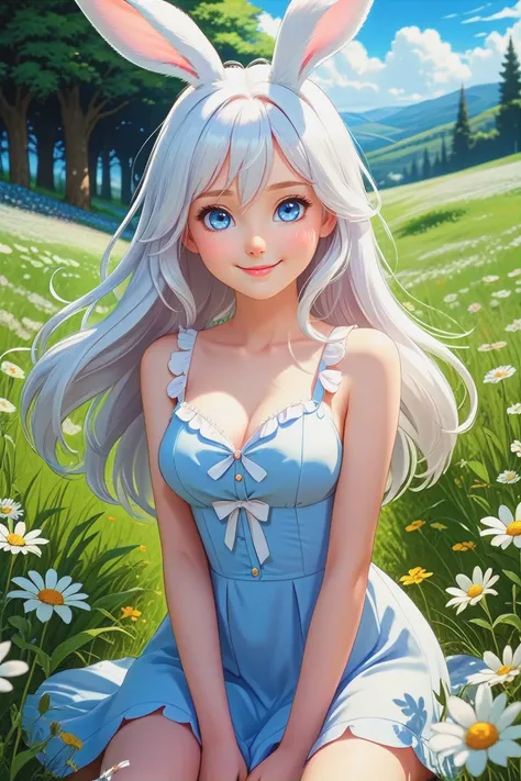 a cute rabbit girl with white rabbit ears in in a flower meadow,  young looking face, animal ears, solo, blue eyes, rabbit ears, flower, long hair, ((small breasts)), smile, looking at viewer, light blue dress, white hair, light cleavage, bare shoulders, s...