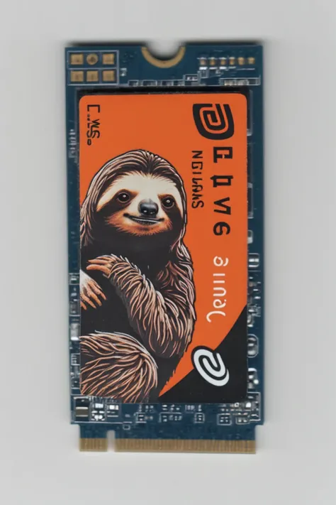 (35mm photography:1.3), ultimate masterpiece,  m2ssd computer memory chip, (with cartoon sloth on sticker:1.3), (on white background:1.3)  <lora:M2SSD_JuggernautXL_8_v1:1>