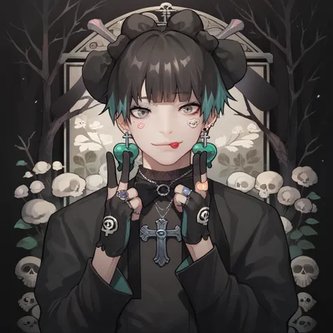 PonyXLV6_Scores, <lora:VisualkeiPnyXL:1> 1girl, bandaid, bangs, black flower, blunt bangs, bow, bowtie, cherry, cross, dated, earrings, floral background, gloves, grey eyes, leotard, long sleeves, looking at viewer, male focus, necklace, ring, shoes, skull...