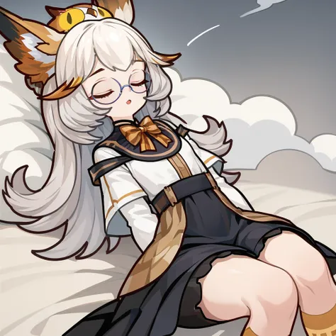 masterpiece,best quality,very aesthetic,absurdres,<lora:kalliope_SDXL:0.8>,solo,kalliope,1girl,closed eyes,bangs and white hair and long hair,round eyewear,animal on head and owl,
dreaming and sleeping and lying_on_cloud,arms_at_sides,bowtie and white shir...