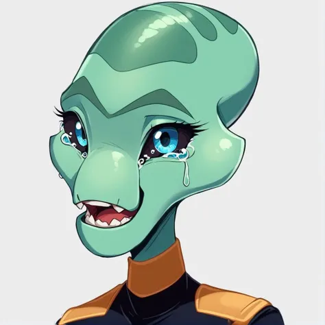 score_9, score_8_up, score_8,source_furry,
1girl,
solo,
furry female,
alien,
looking at viewer,
smile,
uniform,
black uniform,
gold trim,
green skin,
green body,
upper body,
open mouth,
bald,
standing,
teeth,
<blue eyes:1.5>,
<black sclera:1.5>,
<simple ba...