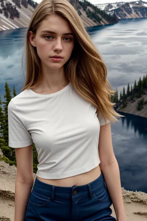 <lora:kawaii7.1.3_obj20:0.75:0.25>, European woman, closeup, (shirt), pants, (crater lake national park), (), ZM_fien, wide shoulders, perfect face, (contact iris: 1.1), pale skin, skin pores , depth of field