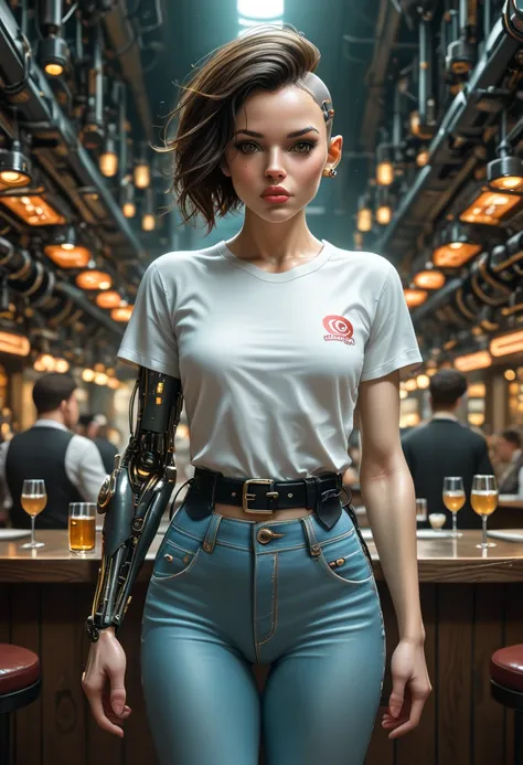 score_9, score_8_up, score_7_up,  24 year old dieselpunk woman, cowboy shot, petite athletic figure, undercut hair with ambrosia yellow tips, full lips, wearing jeans and a t-shirt, waitress, mechanical arms, dimly lit trendy nightclub, neon lights,  <lora...