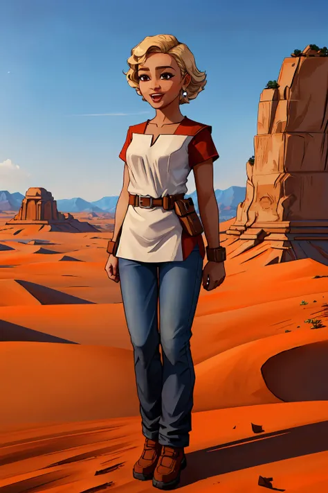 masterpiece,best quality,1girl,omegaclone,, <lora:Omegaclone1:1>,black eyes,shirt,pants,tunic,standing,full body,outdoors,in desert,happy,:d