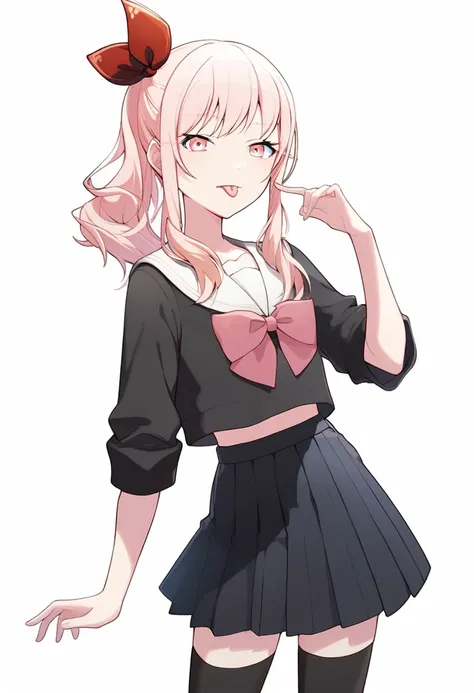 score_9,score_8_up,score_7_up,source_anime,
1other, androgynous,
pink eyes, pink hair, long hair, sidelocks, side ponytail,bangs,
tongue out, hand up, looking at viewer, standing,
school uniform, white sailor collar, black shirt, black skirt, black thighhi...