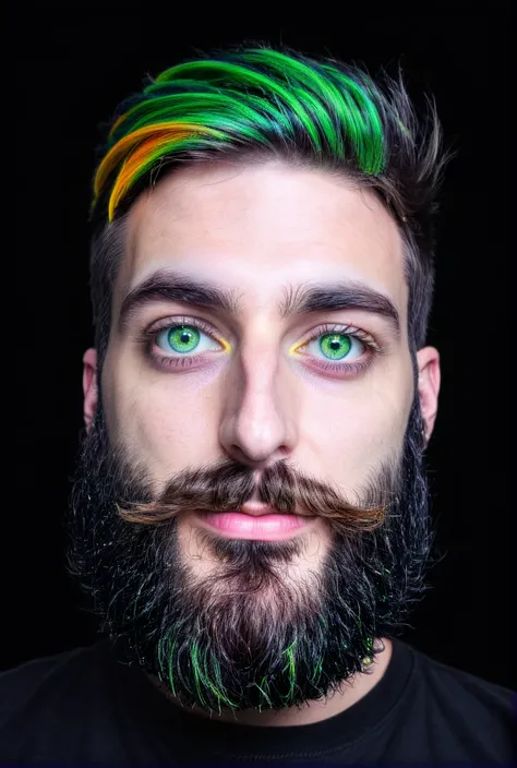 1man,solo,rainbow hair,green eyes,beard,<lora:detailedfacesconceptSDXL_v2-000010>,black background,