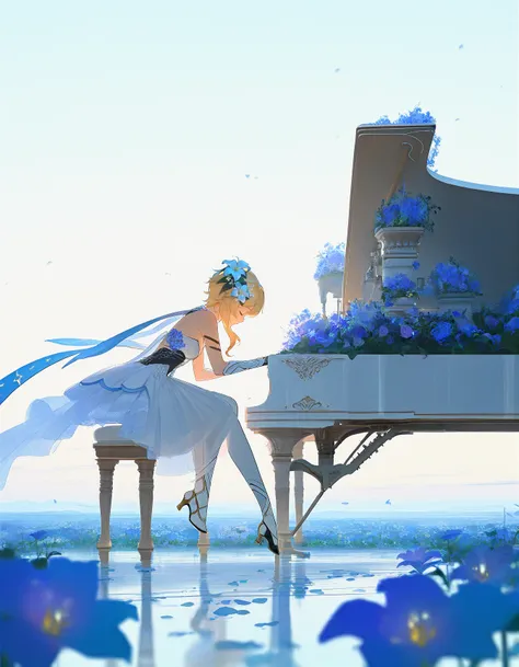 1girl, solo, short hair, blonde hair, hair ornament, dress, sitting, closed eyes, flower, outdoors, sky, hair flower, white dress, scarf, from side, high heels, instrument, scenery, music, wide shot, playing instrument, piano, grand piano, lumine (genshin ...